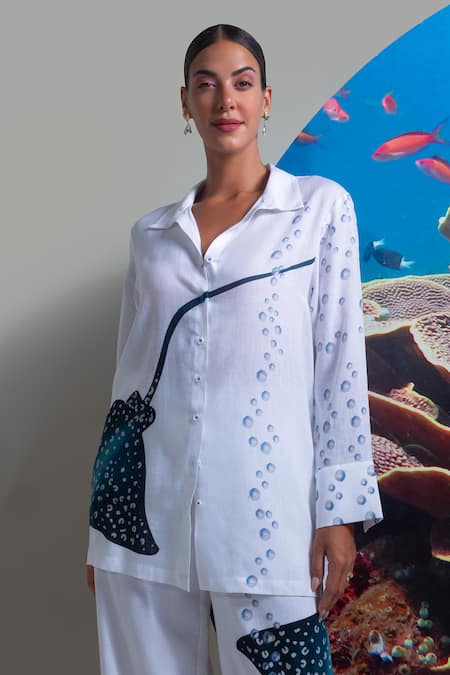 Buy Nautanky White Cotton, Linen Collared Printed Pant Set Buy_Nautanky_White Cotton, Linen Collared Printed Pant Set