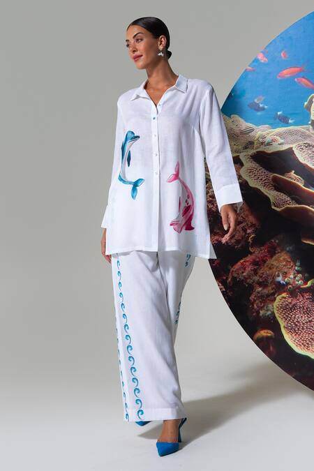 Nautanky_White Cotton, Linen Embroidery Collared Lagoon Lover Pant Set _Online_at_Aza_Fashions