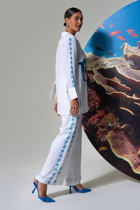 Buy_Nautanky_White Cotton, Linen Embroidery Collared Lagoon Lover Pant Set _Online_at_Aza_Fashions