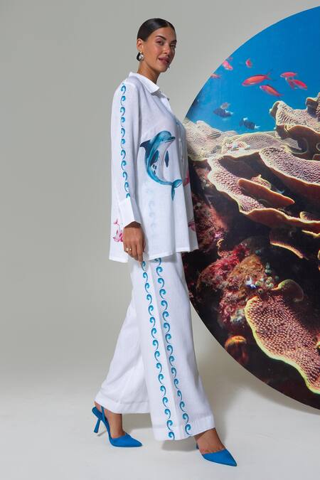 Shop_Nautanky_White Cotton, Linen Embroidery Collared Lagoon Lover Pant Set _Online_at_Aza_Fashions