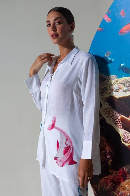 Nautanky_White Cotton, Linen Embroidery Collared Lagoon Lover Pant Set _at_Aza_Fashions