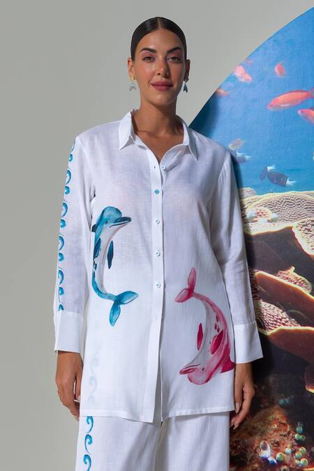 Buy_Nautanky_White Cotton, Linen Embroidery Collared Lagoon Lover Pant Set 