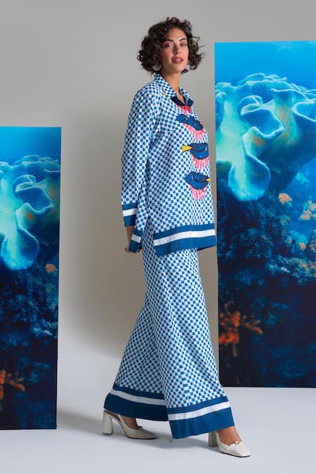 Nautanky Blue Cotton, Linen Collared Designer Shell We Kiss Pant Set Online at Aza Fashions Nautanky_Blue Cotton, Linen Collared Designer Shell We Kiss Pant Set _Online_at_Aza_Fashions