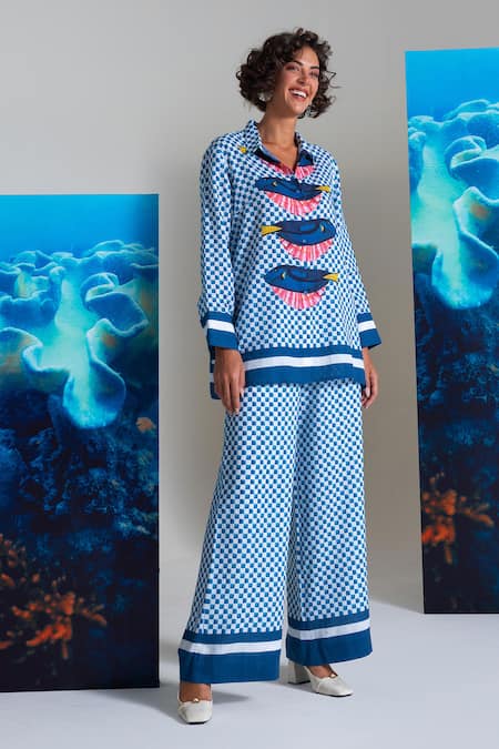 Buy Nautanky Blue Cotton, Linen Collared Designer Shell We Kiss Pant Set Online at Aza Fashions Buy_Nautanky_Blue Cotton, Linen Collared Designer Shell We Kiss Pant Set _Online_at_Aza_Fashions