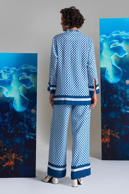 Shop Nautanky Blue Cotton, Linen Collared Designer Shell We Kiss Pant Set at Aza Fashions Shop_Nautanky_Blue Cotton, Linen Collared Designer Shell We Kiss Pant Set _at_Aza_Fashions