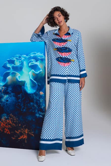 Shop Nautanky Blue Cotton, Linen Collared Designer Shell We Kiss Pant Set Online at Aza Fashions Shop_Nautanky_Blue Cotton, Linen Collared Designer Shell We Kiss Pant Set _Online_at_Aza_Fashions