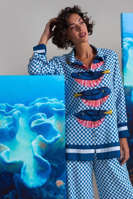 Nautanky Blue Cotton, Linen Collared Designer Shell We Kiss Pant Set at Aza Fashions Nautanky_Blue Cotton, Linen Collared Designer Shell We Kiss Pant Set _at_Aza_Fashions