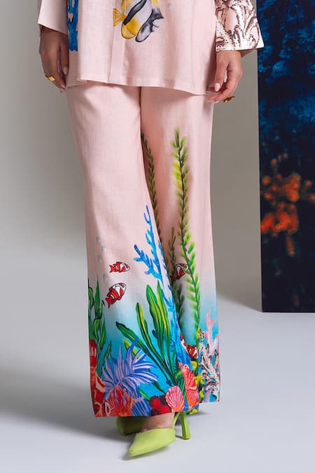 Nautanky_Pink Cotton, Linen Collared Designer Baby Pant Set _Online_at_Aza_Fashions