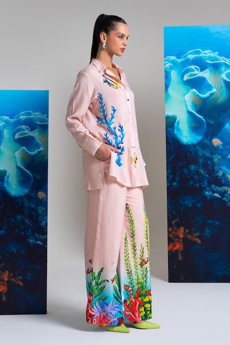 Shop_Nautanky_Pink Cotton, Linen Collared Designer Baby Pant Set _Online_at_Aza_Fashions