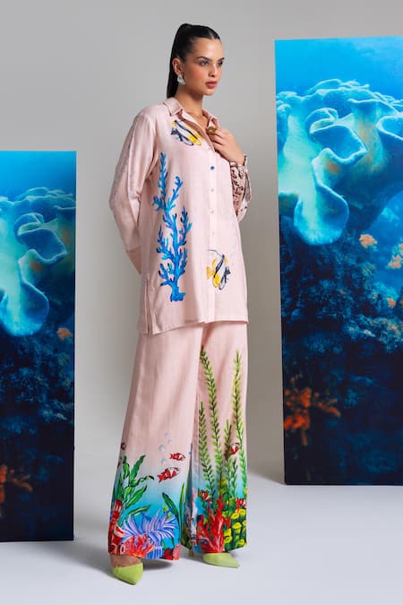 Nautanky_Pink Cotton, Linen Collared Designer Baby Pant Set _at_Aza_Fashions