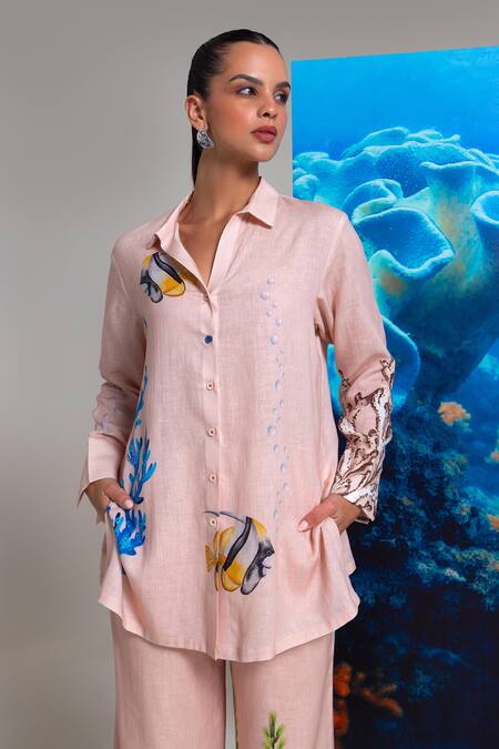 Buy_Nautanky_Pink Cotton, Linen Collared Designer Baby Pant Set 