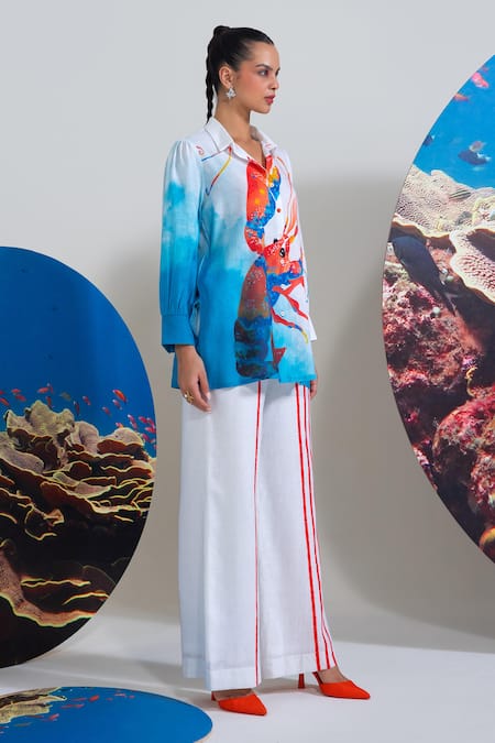 Nautanky_Blue Cotton, Linen Collared Beach Side Blush Shirt And Pant Set _at_Aza_Fashions