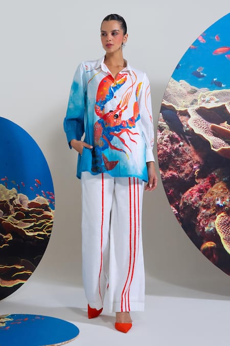 Nautanky Blue Cotton, Linen Collared Beach Side Blush Shirt And Pant Set 