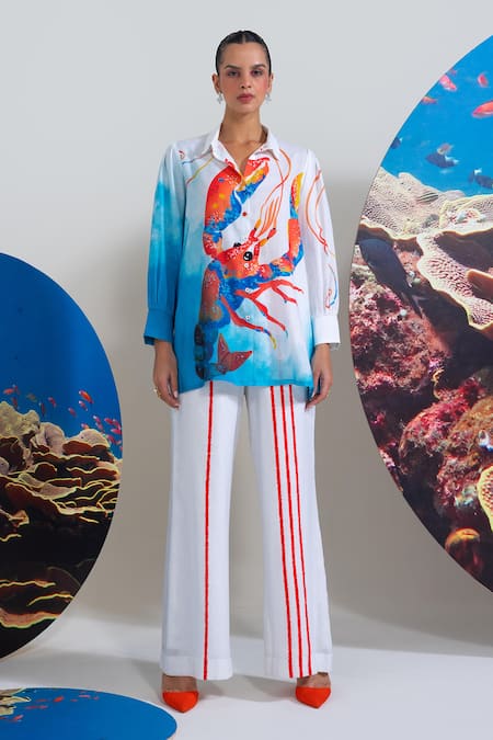 Shop_Nautanky_Blue Cotton, Linen Collared Beach Side Blush Shirt And Pant Set 