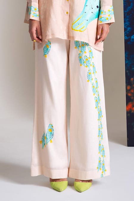 Nautanky_Pink Cotton, Linen Embroidery Collared Designer Shirt And Pant Set _Online_at_Aza_Fashions