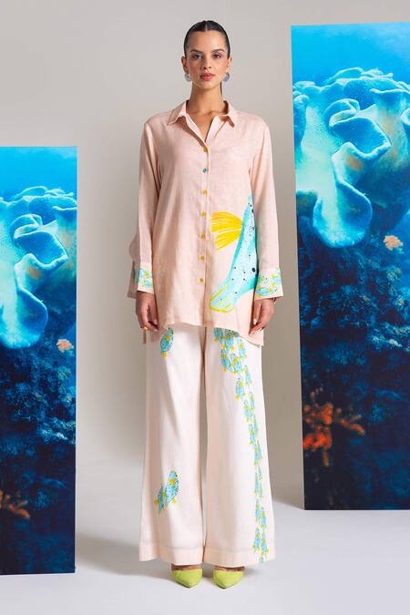 Buy_Nautanky_Pink Cotton, Linen Embroidery Collared Designer Shirt And Pant Set _Online_at_Aza_Fashions