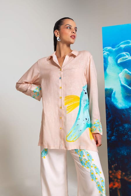 Shop_Nautanky_Pink Cotton, Linen Embroidery Collared Designer Shirt And Pant Set _Online_at_Aza_Fashions