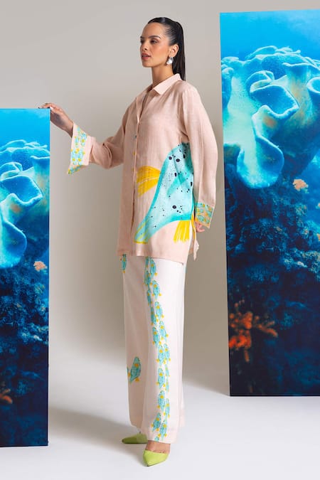 Nautanky_Pink Cotton, Linen Embroidery Collared Designer Shirt And Pant Set _at_Aza_Fashions