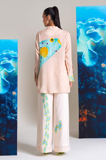 Shop_Nautanky_Pink Cotton, Linen Embroidery Collared Designer Shirt And Pant Set _at_Aza_Fashions