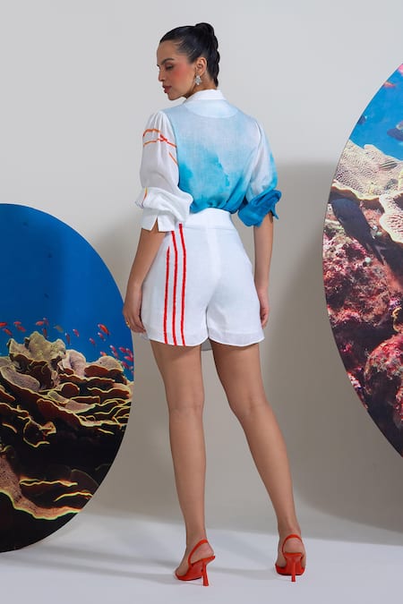 Shop Nautanky White Cotton, Linen Collared Deep End Darling Shirt And Shorts Set at Aza Fashions Shop_Nautanky_White Cotton, Linen Collared Deep End Darling Shirt And Shorts Set _at_Aza_Fashions