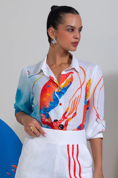 Buy Nautanky White Cotton, Linen Collared Deep End Darling Shirt And Shorts Set Online at Aza Fashions Buy_Nautanky_White Cotton, Linen Collared Deep End Darling Shirt And Shorts Set _Online_at_Aza_Fashions