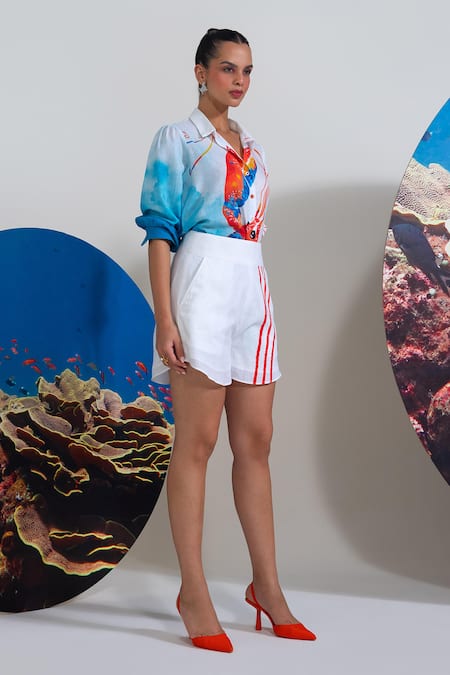 Shop Nautanky White Cotton, Linen Collared Deep End Darling Shirt And Shorts Set Online at Aza Fashions Shop_Nautanky_White Cotton, Linen Collared Deep End Darling Shirt And Shorts Set _Online_at_Aza_Fashions