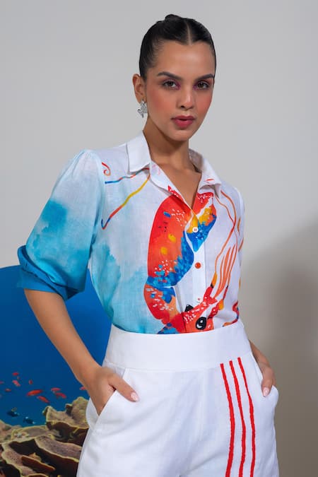 Nautanky White Cotton, Linen Collared Deep End Darling Shirt And Shorts Set at Aza Fashions Nautanky_White Cotton, Linen Collared Deep End Darling Shirt And Shorts Set _at_Aza_Fashions