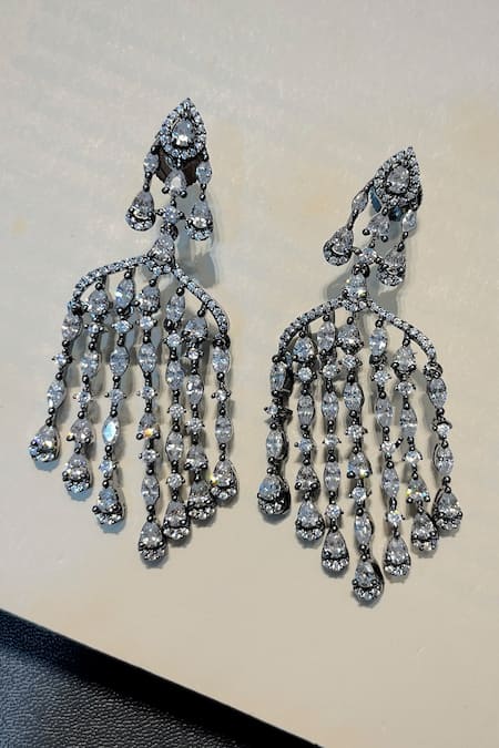 Prestones_Silver Plated Crystals Designer Chandeliers Earrings _Online_at_Aza_Fashions
