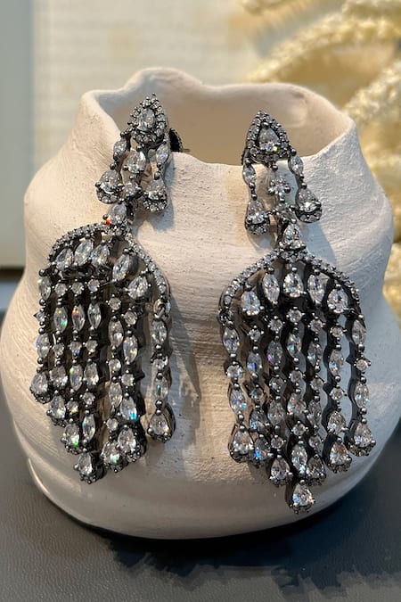 Prestones Silver Plated Crystals Designer Chandeliers Earrings 