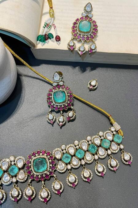 Prestones_Green Stones Designer Necklace And Earring Set _Online_at_Aza_Fashions