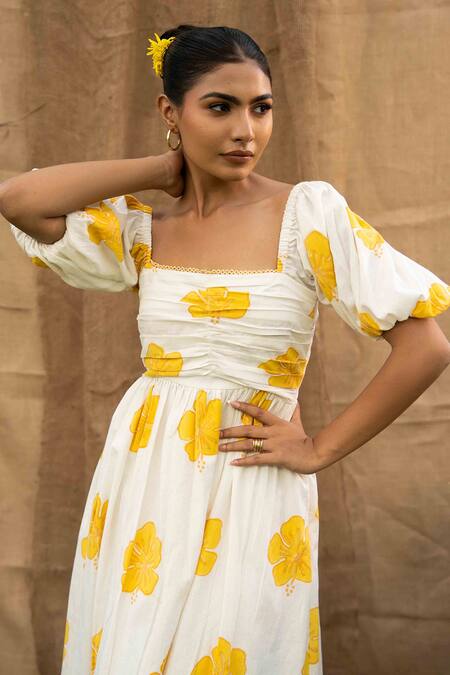 Buy_Kalakaari By Sagarika_Multi Color Cotton Square Neck Butter Yellow Floral Midi Dress _Online_at_Aza_Fashions