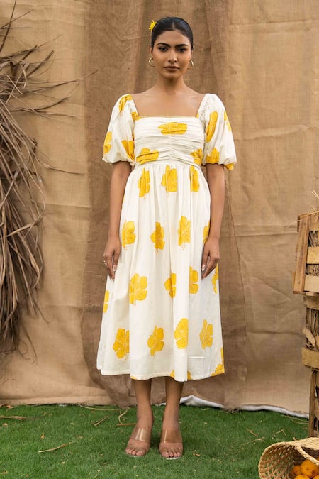 Shop_Kalakaari By Sagarika_Multi Color Cotton Square Neck Butter Yellow Floral Midi Dress _Online_at_Aza_Fashions