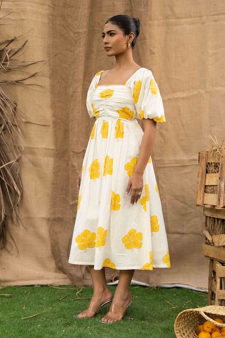 Kalakaari By Sagarika_Multi Color Cotton Square Neck Butter Yellow Floral Midi Dress _at_Aza_Fashions