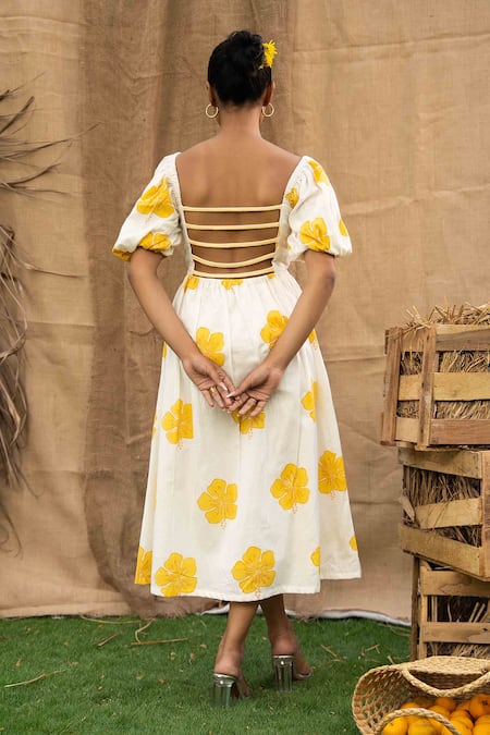 Kalakaari By Sagarika Butter Yellow Floral Midi Dress 