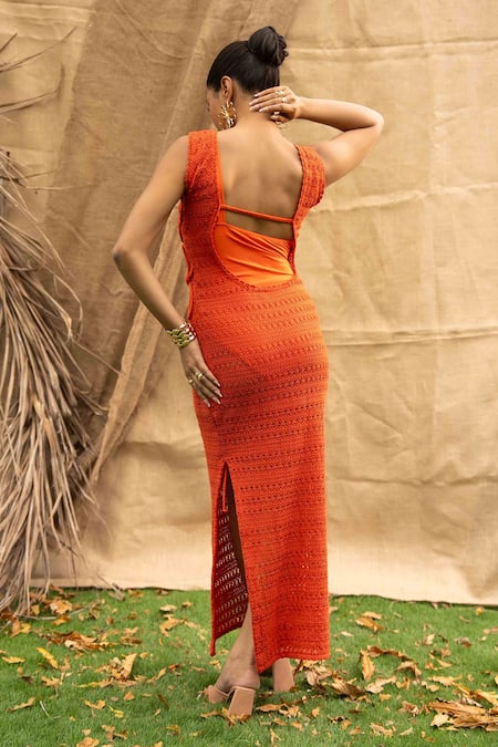 Kalakaari By Sagarika Orange Floral Embellished Midi Dress 