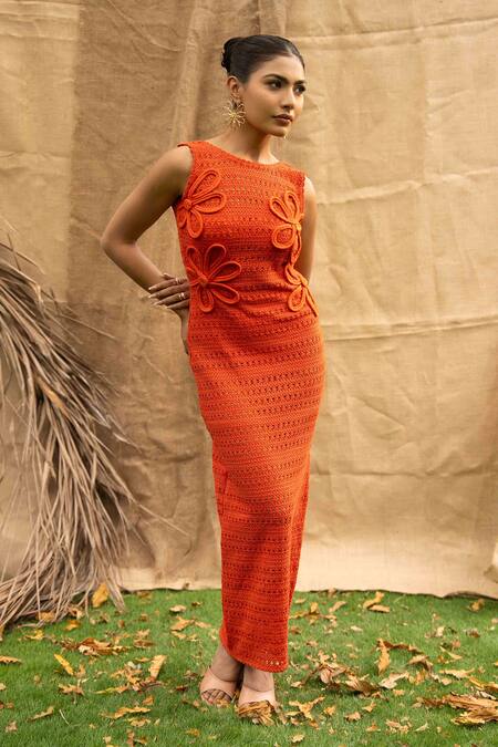 Buy Kalakaari By Sagarika Orange Cotton Fabric Flowers Crew Neck Floral Embellished Midi Dress Online at Aza Fashions Buy_Kalakaari By Sagarika_Orange Cotton Fabric Flowers Crew Neck Floral Embellished Midi Dress _Online_at_Aza_Fashions