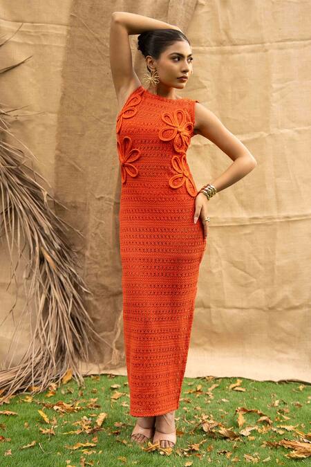 Shop Kalakaari By Sagarika Orange Cotton Fabric Flowers Crew Neck Floral Embellished Midi Dress Online at Aza Fashions Shop_Kalakaari By Sagarika_Orange Cotton Fabric Flowers Crew Neck Floral Embellished Midi Dress _Online_at_Aza_Fashions