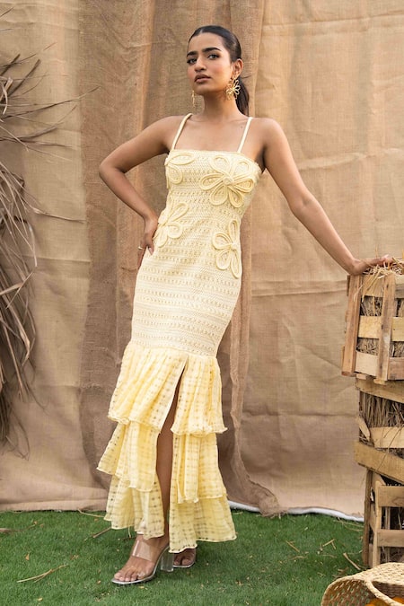 Kalakaari By Sagarika Yellow Cotton Embroidery Open Neck Butter Maxi Dress 