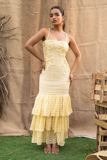 Shop Kalakaari By Sagarika Yellow Cotton Embroidery Open Neck Butter Maxi Dress Online at Aza Fashions Shop_Kalakaari By Sagarika_Yellow Cotton Embroidery Open Neck Butter Maxi Dress _Online_at_Aza_Fashions