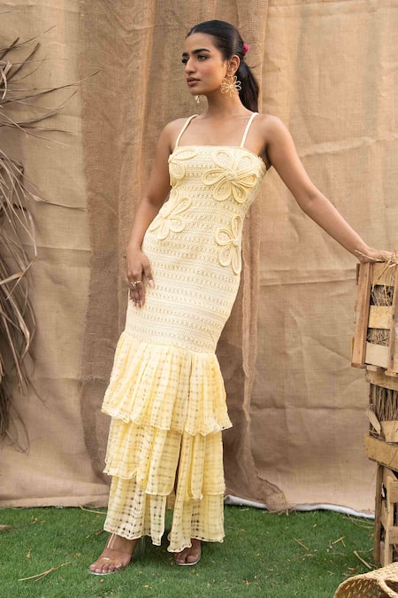 Kalakaari By Sagarika Yellow Cotton Embroidery Open Neck Butter Maxi Dress at Aza Fashions Kalakaari By Sagarika_Yellow Cotton Embroidery Open Neck Butter Maxi Dress _at_Aza_Fashions