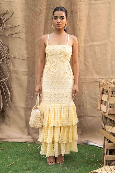 Buy Kalakaari By Sagarika Yellow Cotton Embroidery Open Neck Butter Maxi Dress Buy_Kalakaari By Sagarika_Yellow Cotton Embroidery Open Neck Butter Maxi Dress