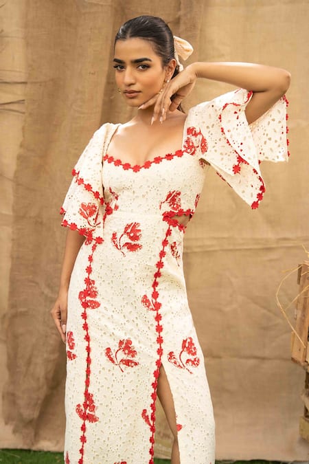 Kalakaari By Sagarika Off White Cotton Embroidery Square Neck Floral Maxi Dress Online at Aza Fashions Kalakaari By Sagarika_Off White Cotton Embroidery Square Neck Floral Maxi Dress _Online_at_Aza_Fashions