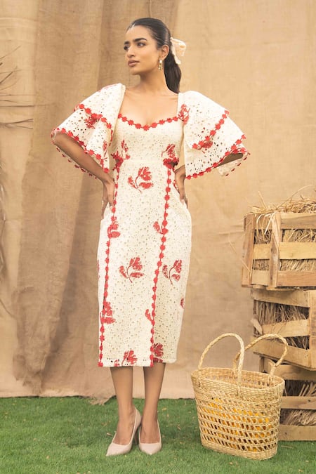 Buy Kalakaari By Sagarika Off White Cotton Embroidery Square Neck Floral Maxi Dress Buy_Kalakaari By Sagarika_Off White Cotton Embroidery Square Neck Floral Maxi Dress