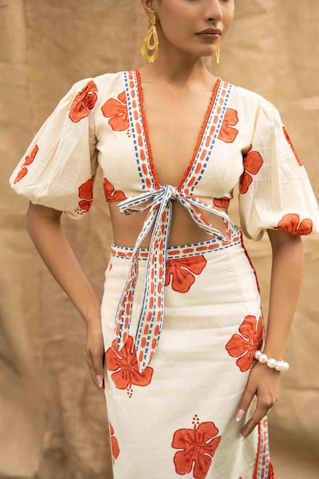 Shop_Kalakaari By Sagarika_Orange Cotton Embroidery V-neck Floral Print Skirt Set _Online_at_Aza_Fashions
