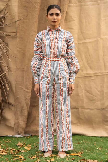 Shop_Kalakaari By Sagarika_Multi Color Cotton Embroidery Collared Designer Coraline Print Pant Set _Online_at_Aza_Fashions