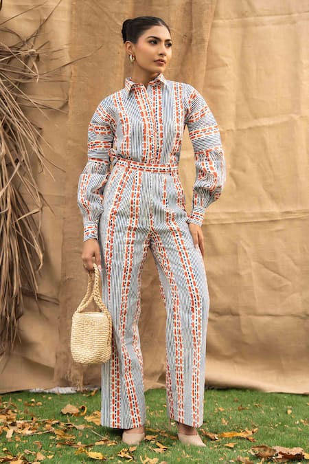 Kalakaari By Sagarika Multi Color Cotton Embroidery Collared Designer Coraline Print Pant Set 
