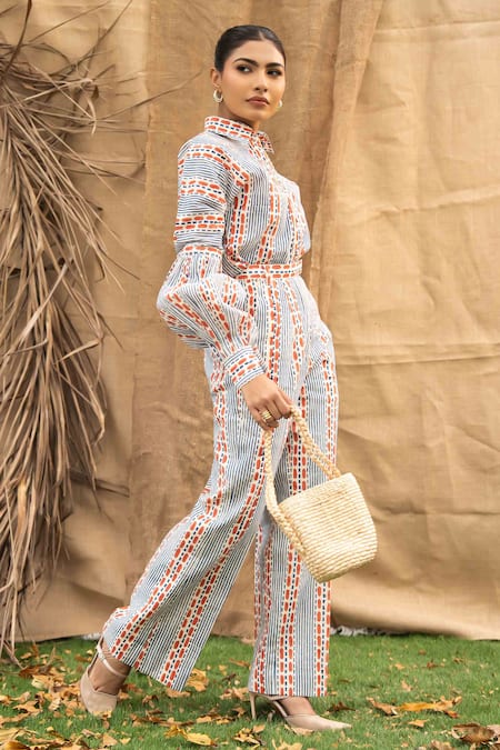 Buy_Kalakaari By Sagarika_Multi Color Cotton Embroidery Collared Designer Coraline Print Pant Set 