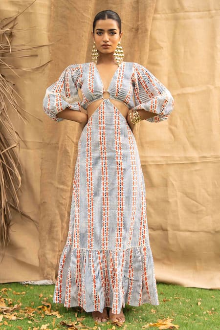 Kalakaari By Sagarika Multi Color Cotton Lace V-neck Maxi Dress With Puff Sleeves 