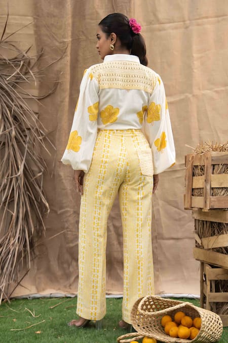 Kalakaari By Sagarika Butter Yellow Floral Print Pant Set 