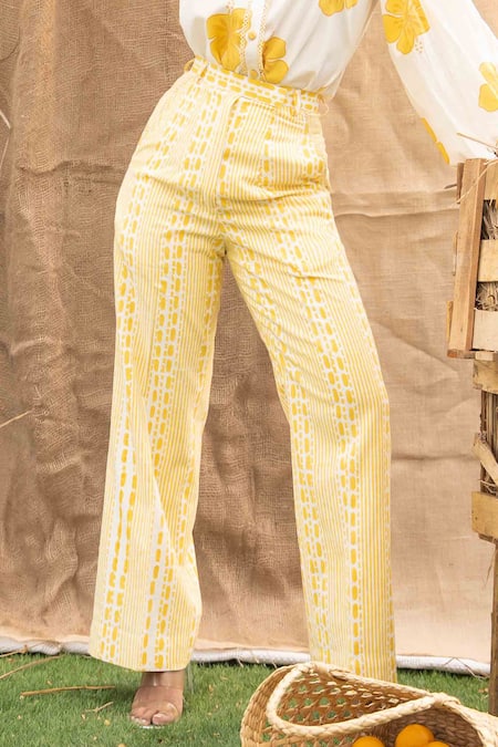 Shop_Kalakaari By Sagarika_White Cotton Embroidery Collared Butter Yellow Floral Print Pant Set _Online_at_Aza_Fashions